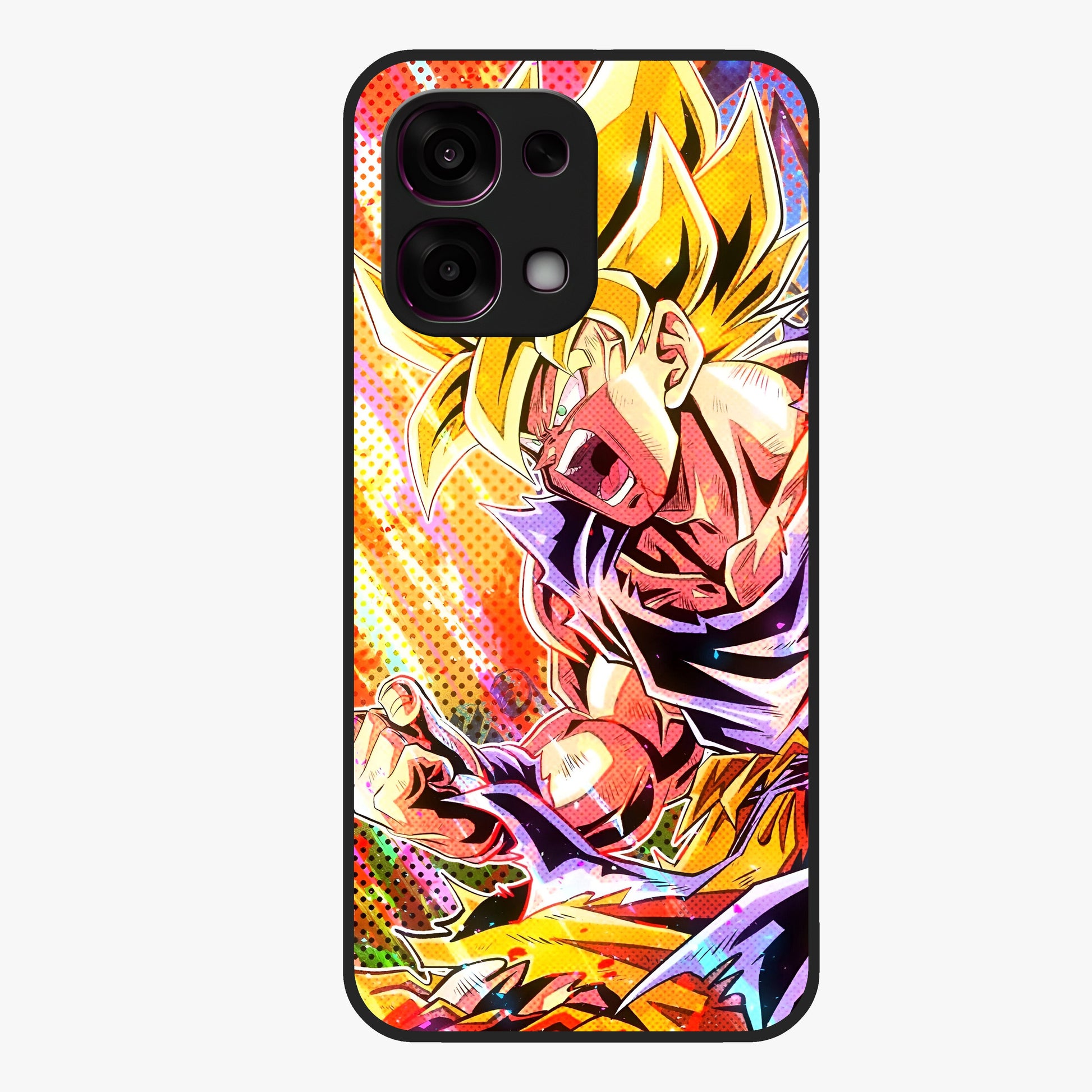 Firing Goku Glass Case showing flat back view with powerful anime inspired artwork and glossy glass finish.