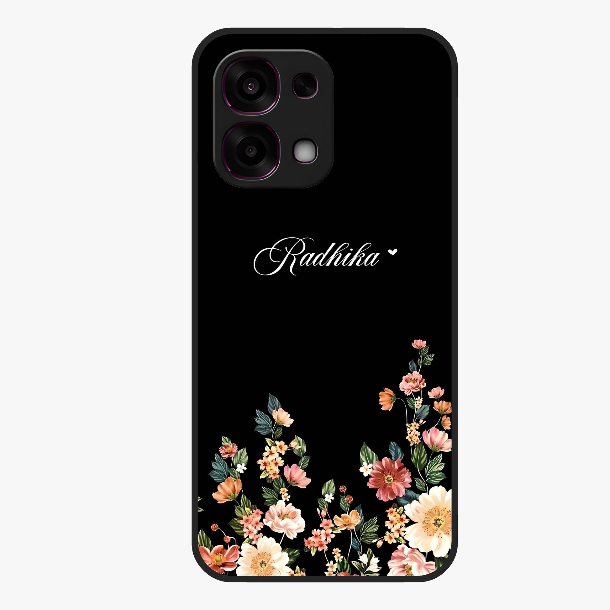 Floral Design With a Custom Personalized Name Glass Case showing flat back view with floral artwork and personalized name design.