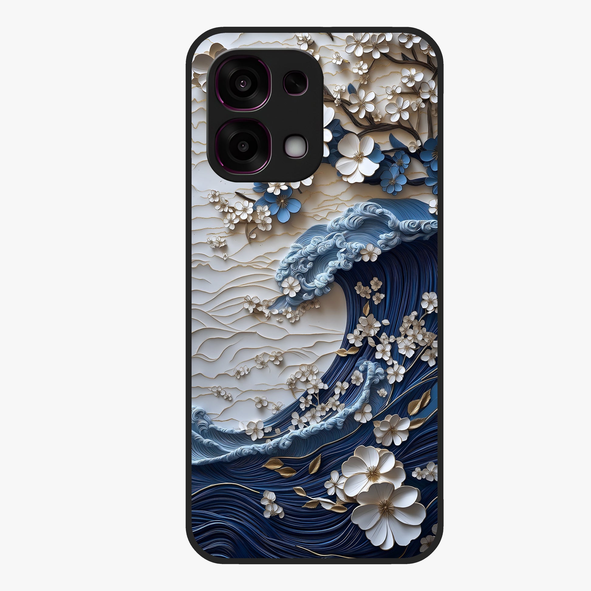 Floral Wave Origami Glass Case showing flat back view with origami inspired floral wave artwork and glossy glass finish.