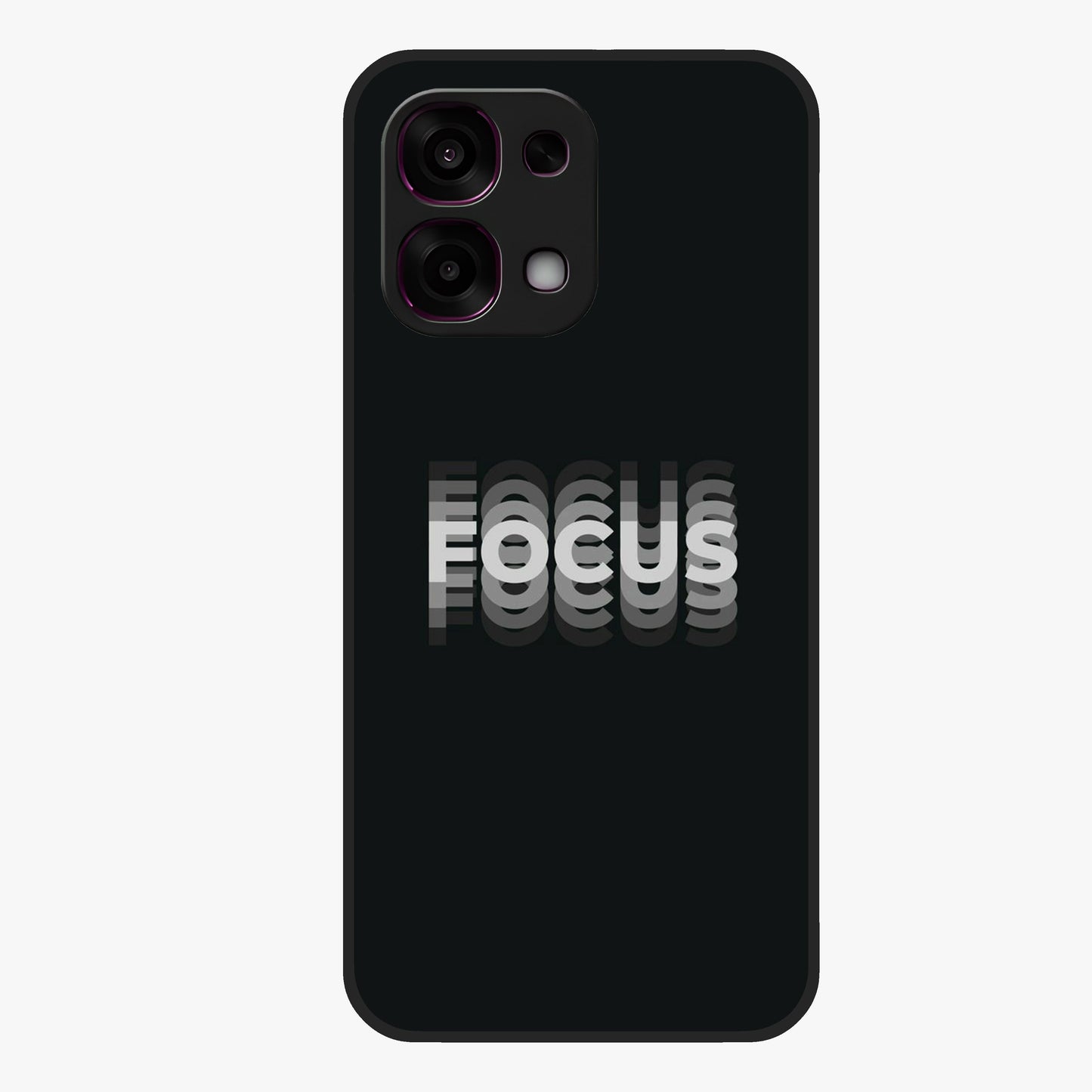 Focus Mode On Glass Case showing flat back view with bold motivational typography design and glossy glass finish.