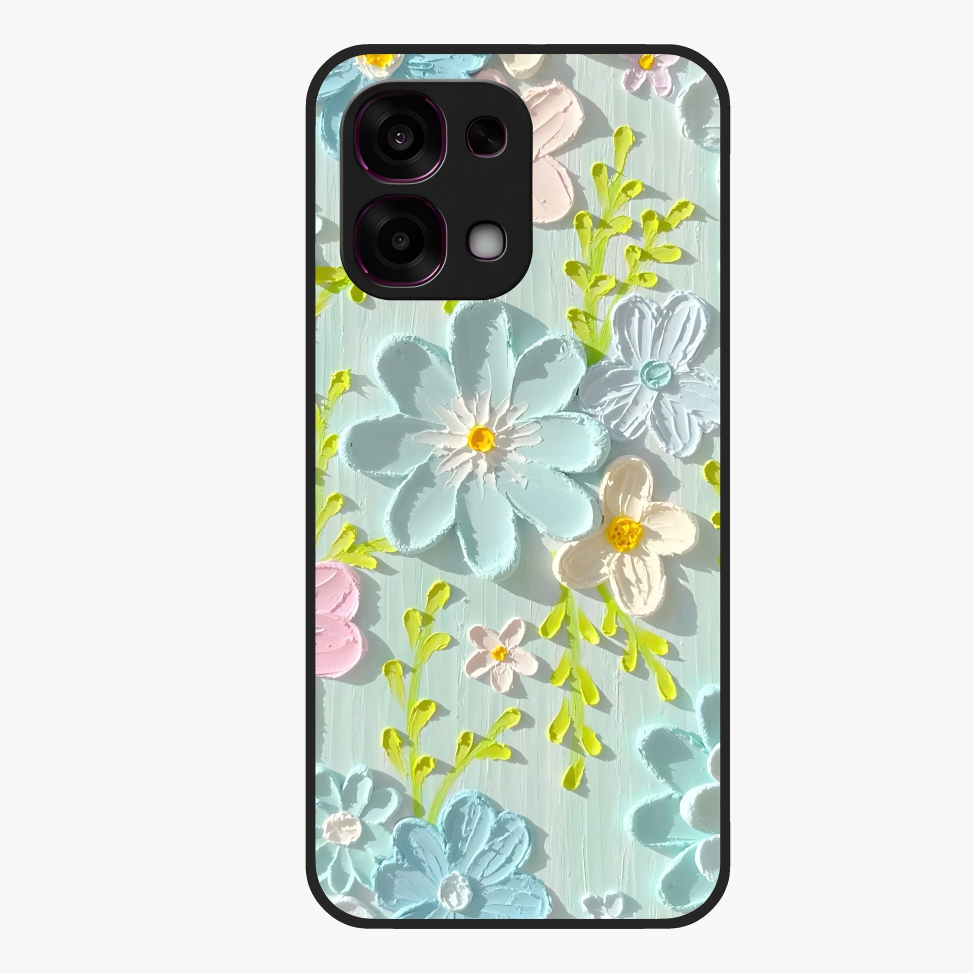 Frosted Petal Garden Glass Case showing flat back view with soft frosted floral artwork and glossy glass finish.
