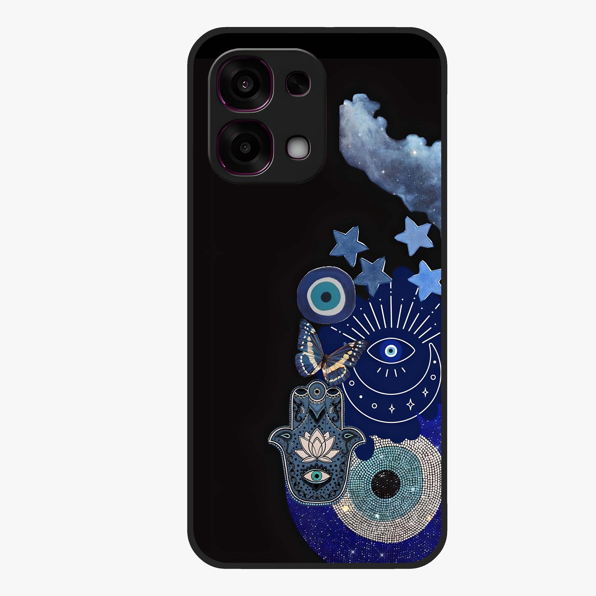 Galactic Charm Cluster Glass Case showing flat back view with glowing celestial charm artwork and glossy glass finish.