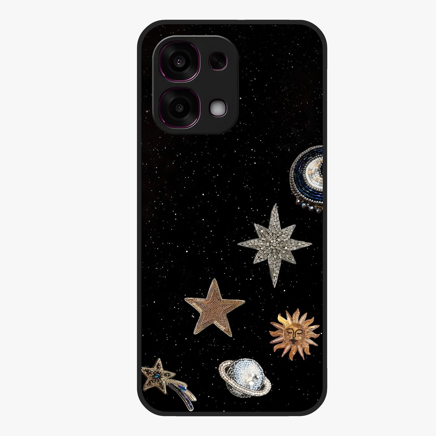 Galactic Charm Glow Glass Case showing flat back view with glowing celestial charm artwork and glossy glass finish.