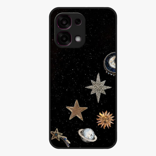 Galactic Charm Glow Glass Case showing flat back view with glowing celestial charm artwork and glossy glass finish.