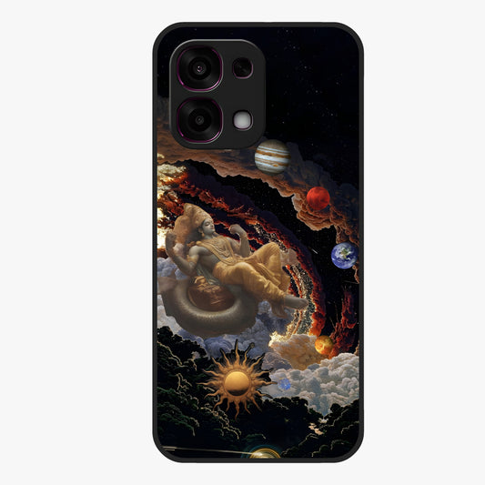Galactic Divine God Glass Case showing flat back view with divine cosmic themed artwork and glossy glass finish.