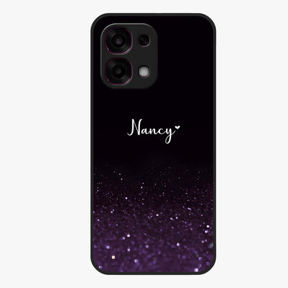 Glittery Purple Bokeh Custom Name Glass Case showing flat back view with purple bokeh sparkle artwork and personalized name design.