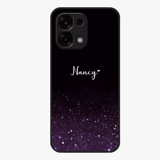 Glittery Purple Bokeh Custom Name Glass Case showing flat back view with purple bokeh sparkle artwork and personalized name design.