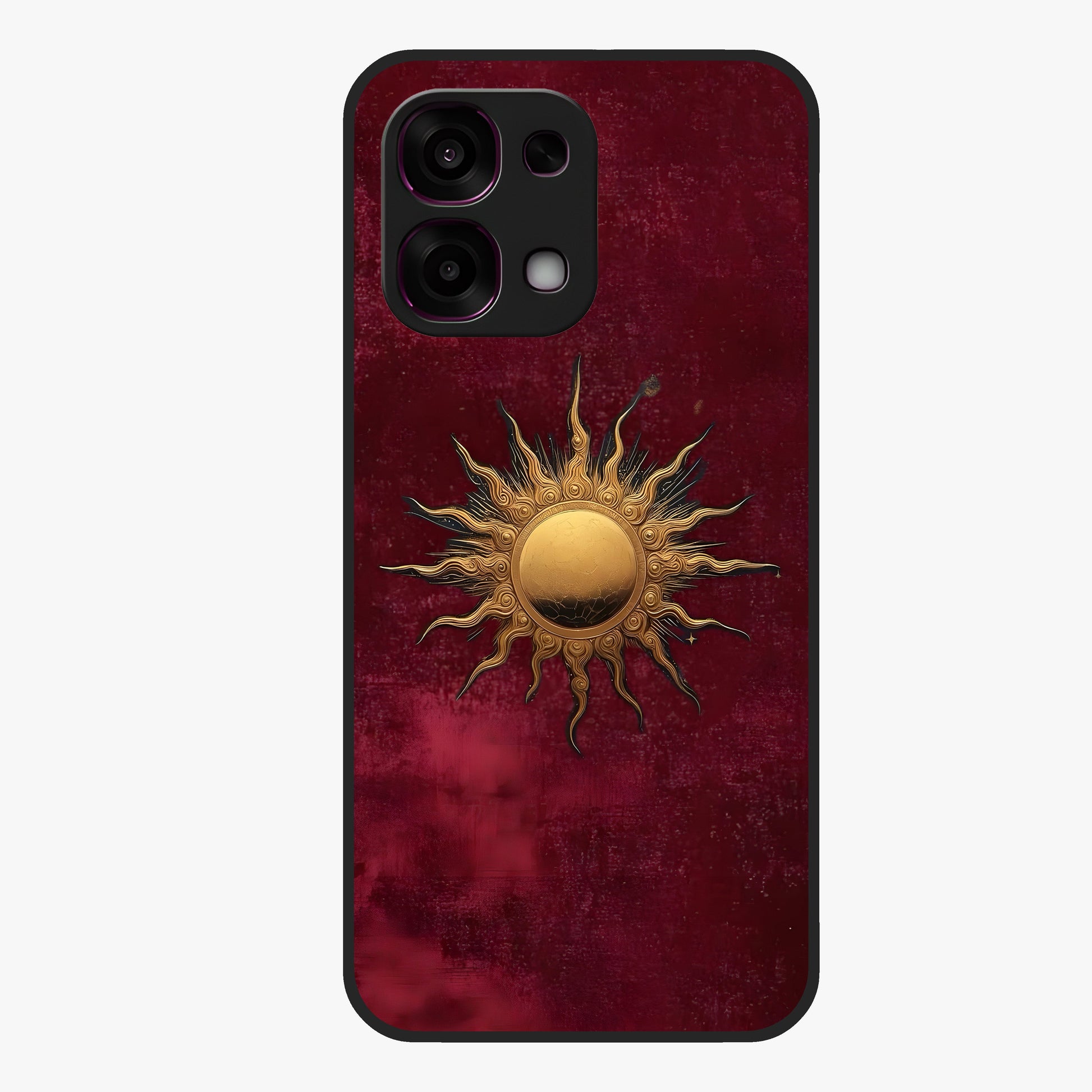 Gold Sun Blush Glass Case showing flat back view with golden sun inspired artwork and glossy glass finish.