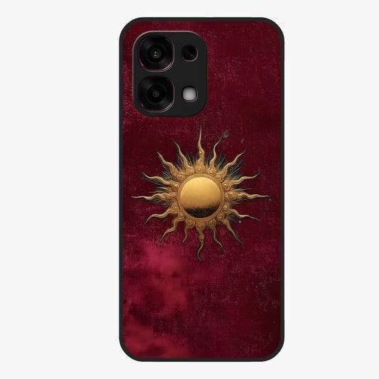 Gold Sun Blush Glass Case showing flat back view with golden sun inspired artwork and glossy glass finish.