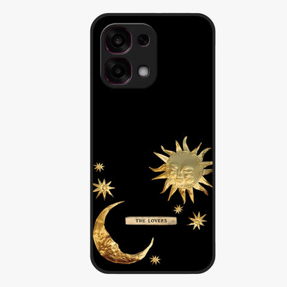 Golden Celestial Charm Glass Case showing flat back view with golden celestial charm artwork and glossy glass finish.