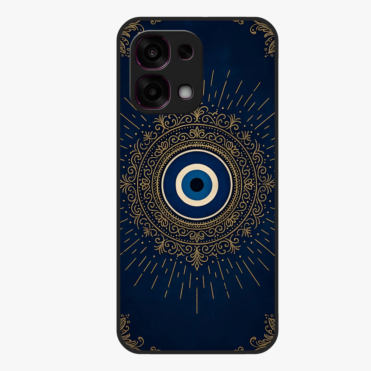 Golden Evil Eye Mandala Glass Case showing flat back view with intricate evil eye mandala artwork and glossy glass finish.