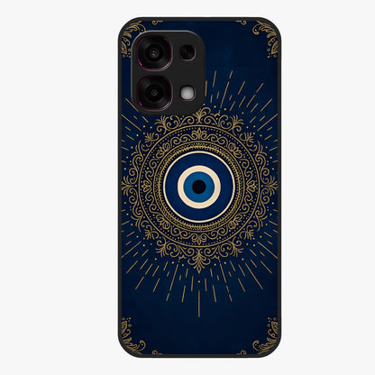Golden Evil Eye Mandala Glass Case showing flat back view with intricate evil eye mandala artwork and glossy glass finish.