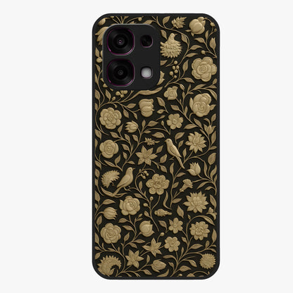 Golden Floral Majesty Glass Case showing flat back view with luxurious golden floral artwork and glossy glass finish.