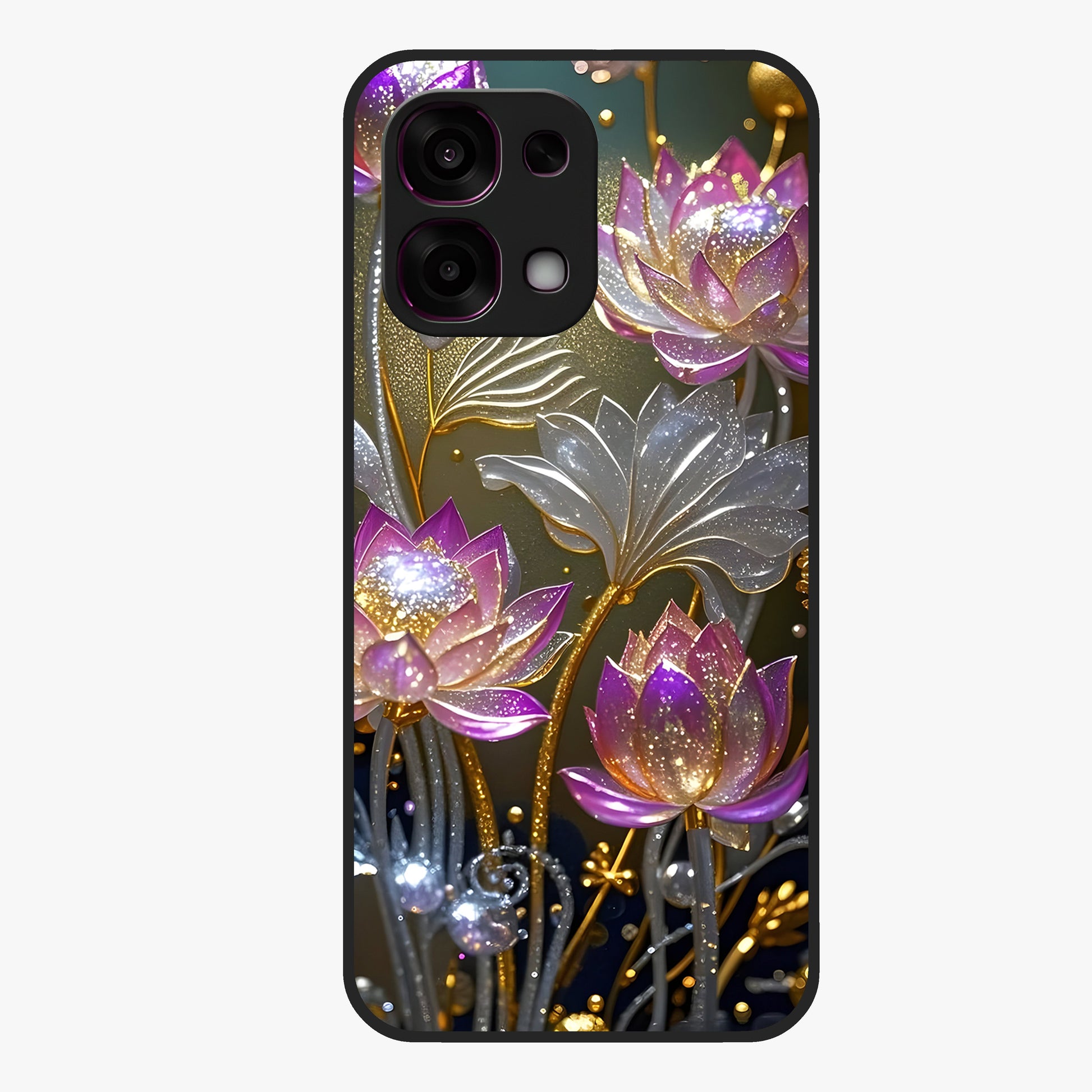 Golden Lotus Glow Glass Case showing flat back view with glowing lotus flower artwork and glossy glass finish.