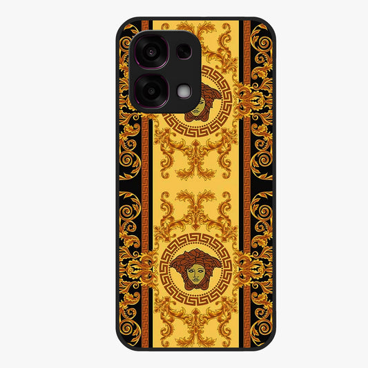 Golden Royal Heritage Glass Case showing flat back view with ornate royal pattern artwork and glossy glass finish.
