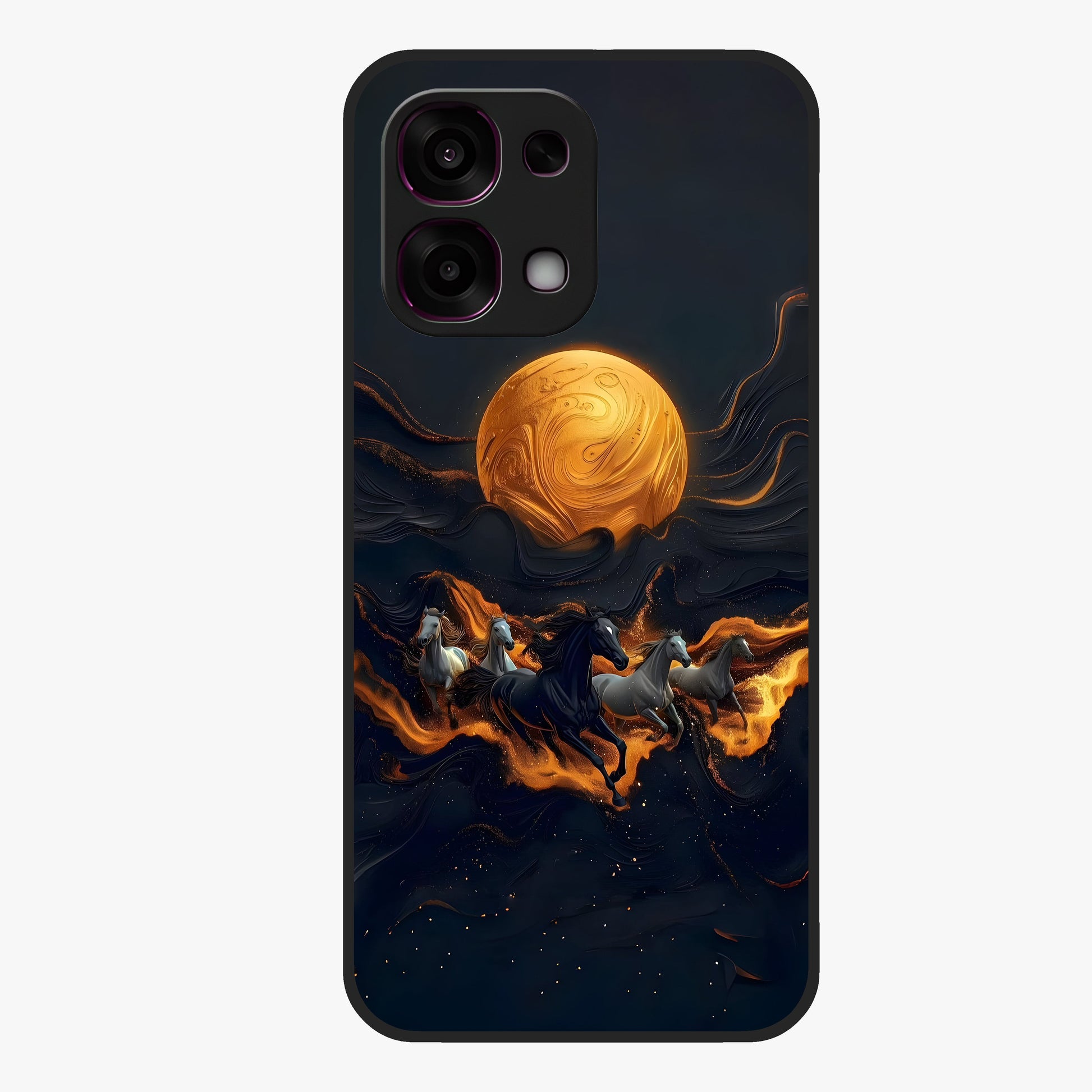 Golden Stallion Moonride Glass Case showing flat back view with majestic horse under moonlight artwork and glossy glass finish.
