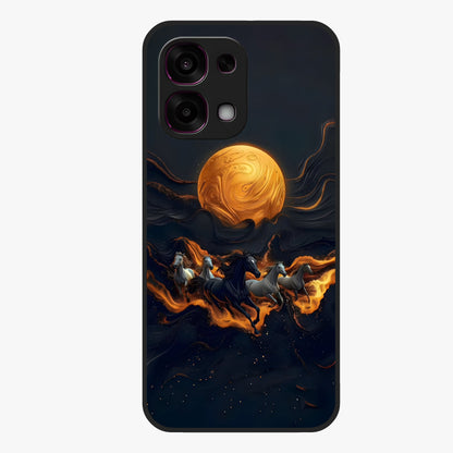 Golden Stallion Moonride Glass Case showing flat back view with majestic horse under moonlight artwork and glossy glass finish.