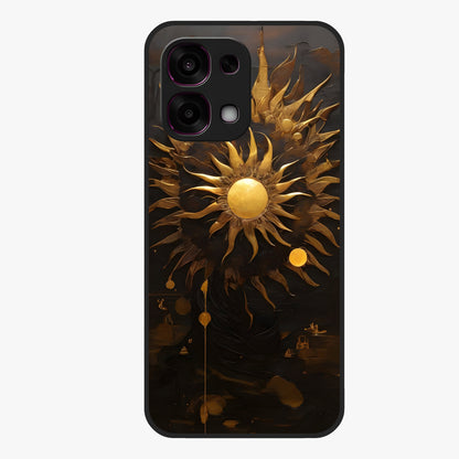 Golden Sun Majesty Glass Case showing flat back view with radiant golden sun artwork and glossy glass finish.