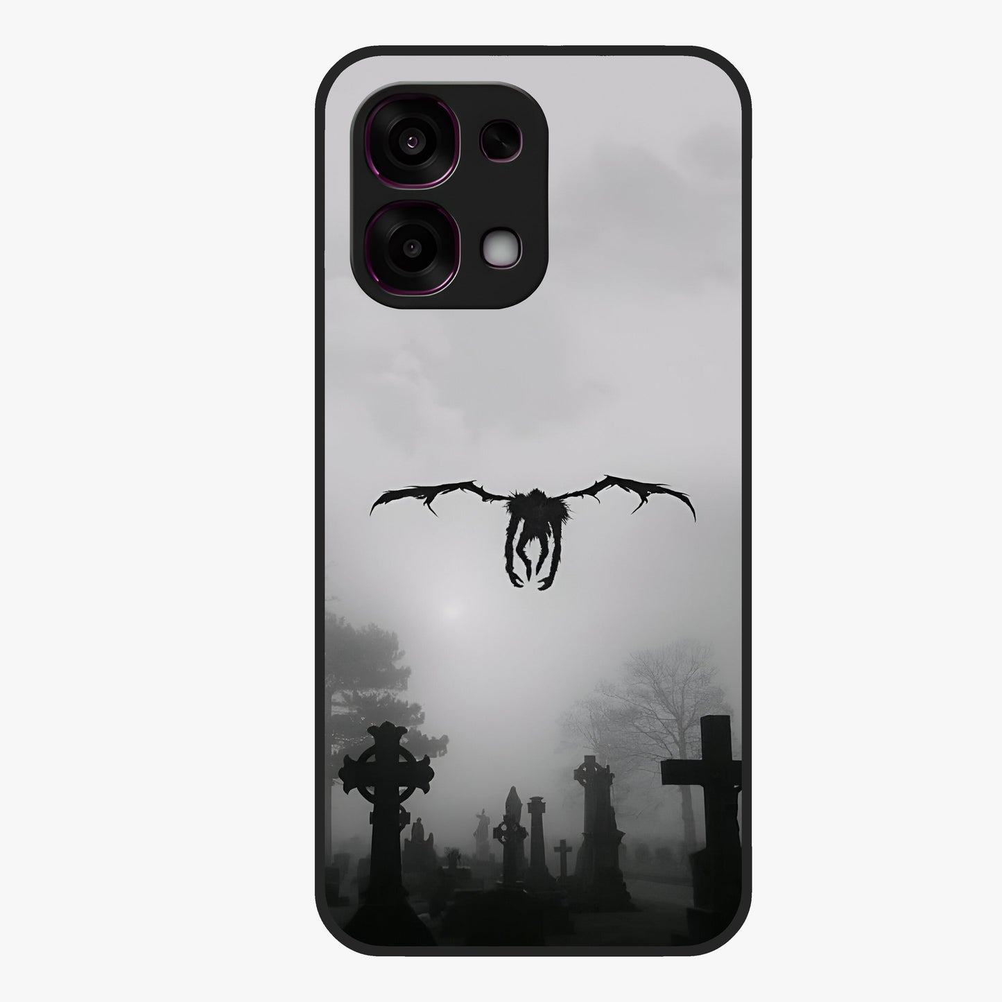 Graveyard Shadow Descent Glass Case showing flat back view with dark graveyard themed artwork and glossy glass finish.