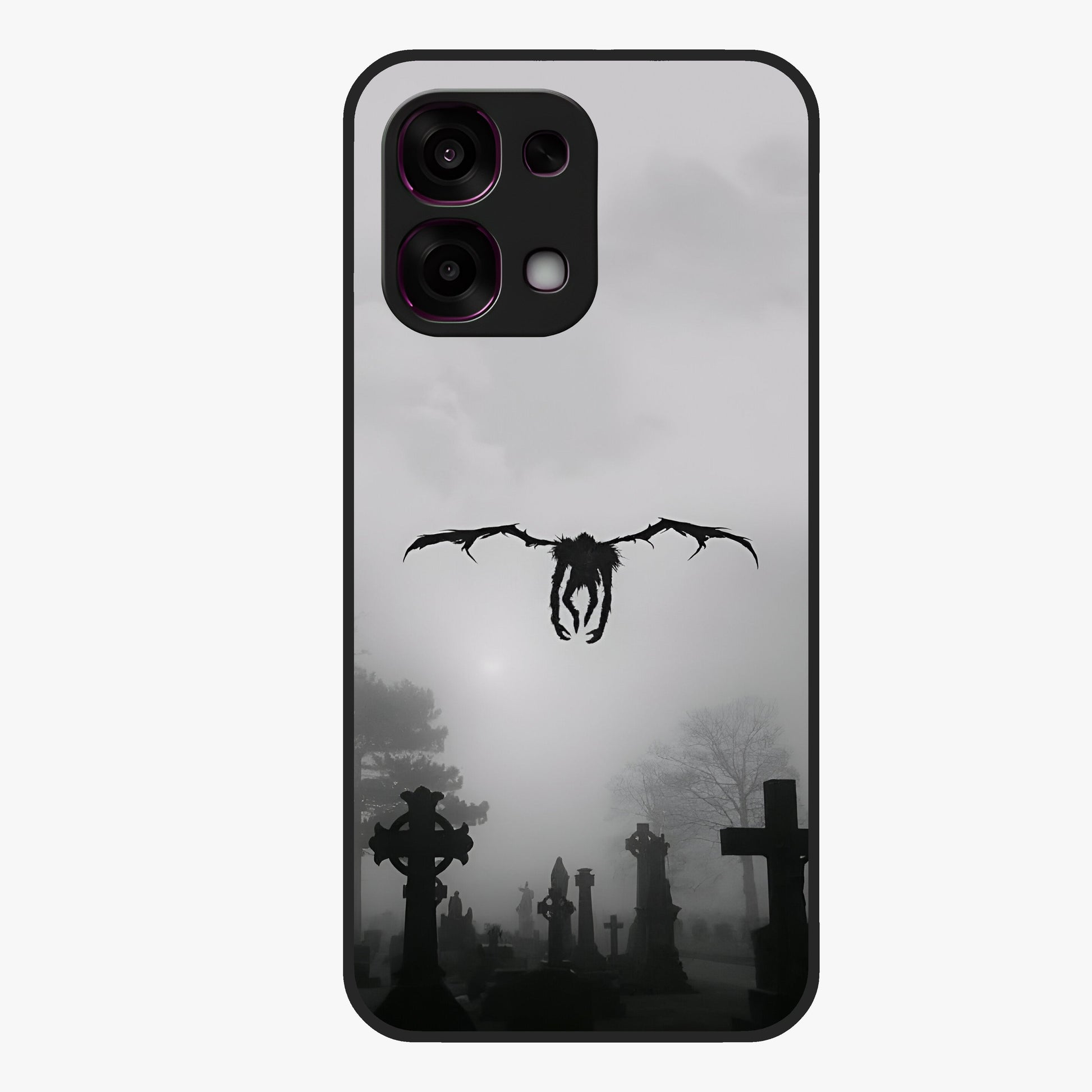 Graveyard Shadow Descent Glass Case showing flat back view with dark graveyard themed artwork and glossy glass finish.