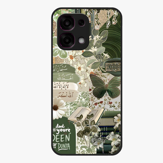 Green Islamic Books Quotes Glass Case showing flat back view with Islamic quotes and book themed artwork and glossy glass finish.