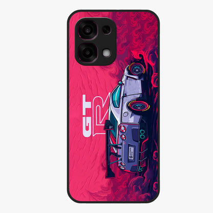 GT-R Car Pattern Glass Case showing flat back view with sporty car inspired pattern artwork and glossy glass finish.