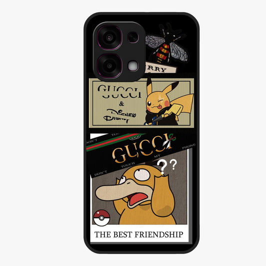 Gucci Play Mashup Glass Case showing flat back view with luxury inspired graphic artwork and glossy glass finish.