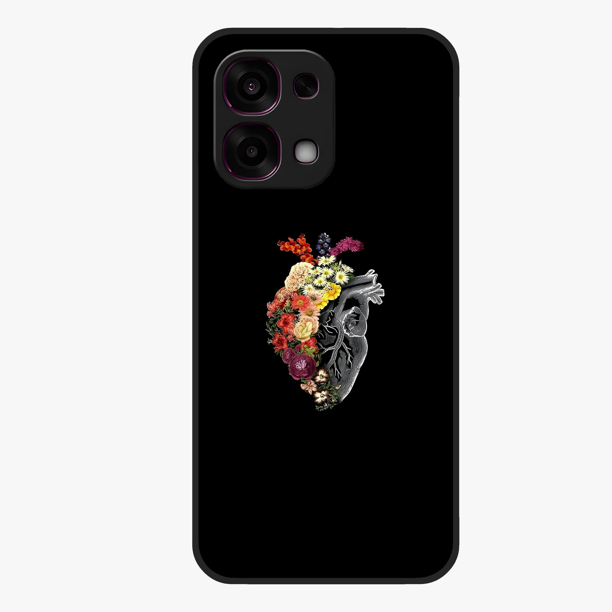 Heart With Flowers Glass Case showing flat back view with heart shaped floral artwork and glossy glass finish.