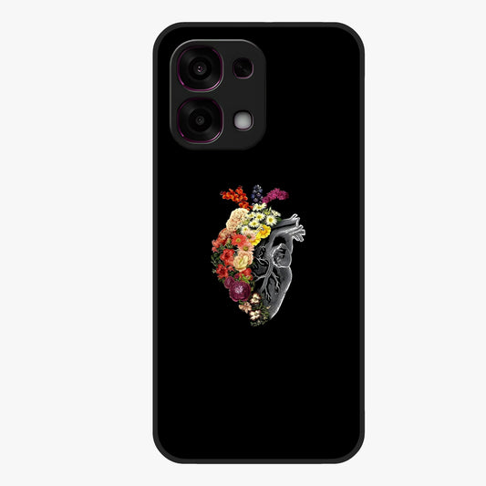 Heart With Flowers Glass Case showing flat back view with heart shaped floral artwork and glossy glass finish.