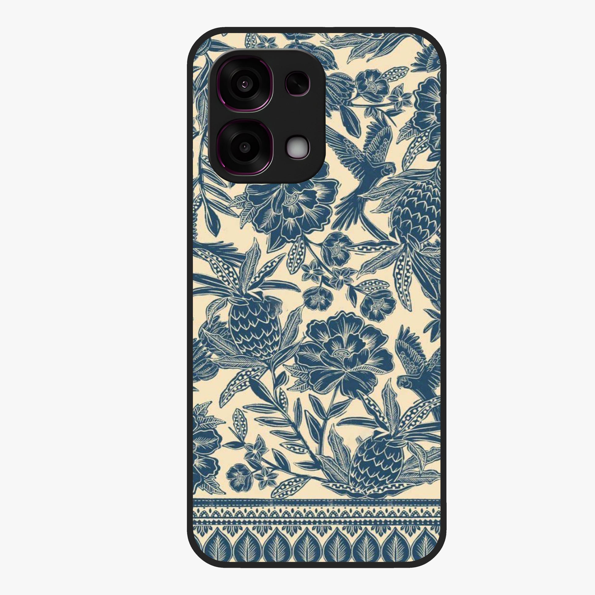 Heirloom Wild Bloom Glass Case showing flat back view with vintage inspired wild flower artwork and glossy glass finish.