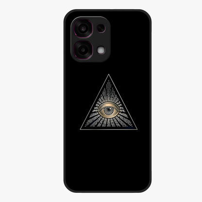 Illuminati Evil Glass Case showing flat back view with mysterious illuminati symbol artwork and glossy glass finish.