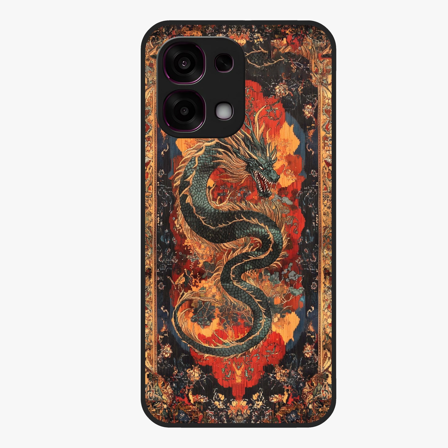 Inferno Dragon Soul Glass Case showing flat back view with fiery dragon artwork and glossy glass finish.