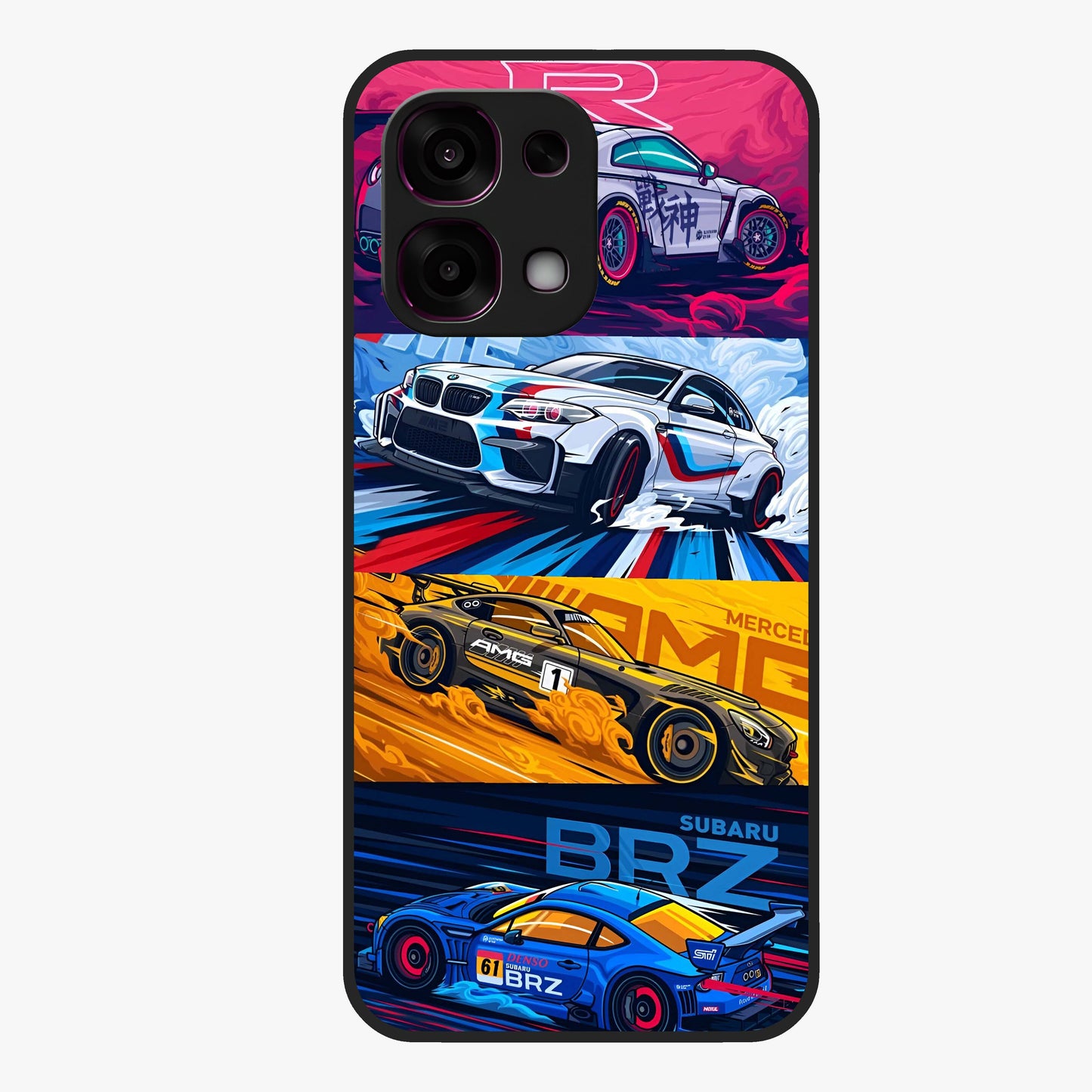 JDM Sports Car Glass Case showing flat back view with high performance sports car artwork and glossy glass finish.
