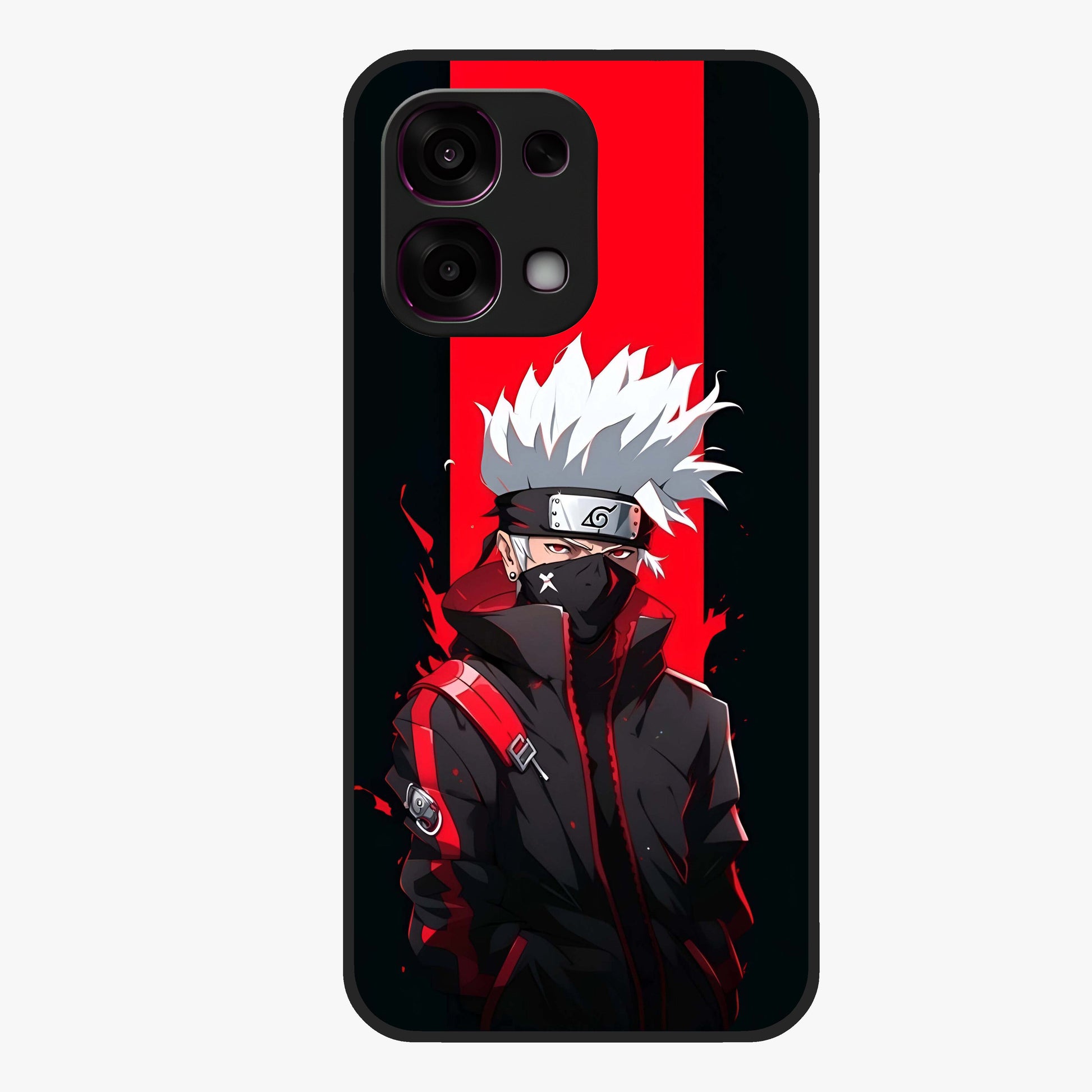 Kakashi Scarlet Shadow Glass Case showing flat back view with powerful anime ninja artwork and glossy glass finish.