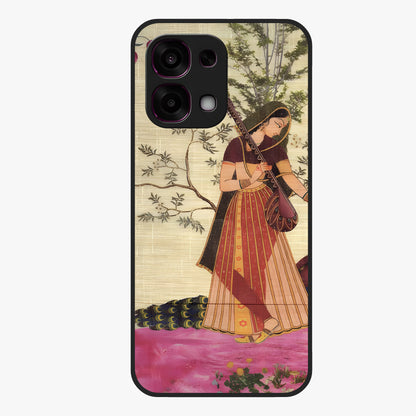 Lady With Veena Art Glass Case showing flat back view with elegant woman playing veena artwork and glossy glass finish.