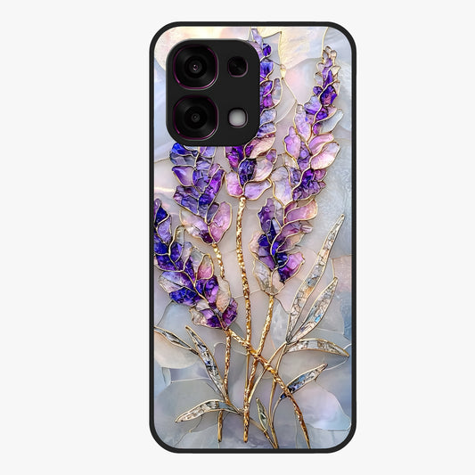 Lavender Dream Glow Glass Case showing flat back view with glowing lavender aesthetic artwork and glossy glass finish.