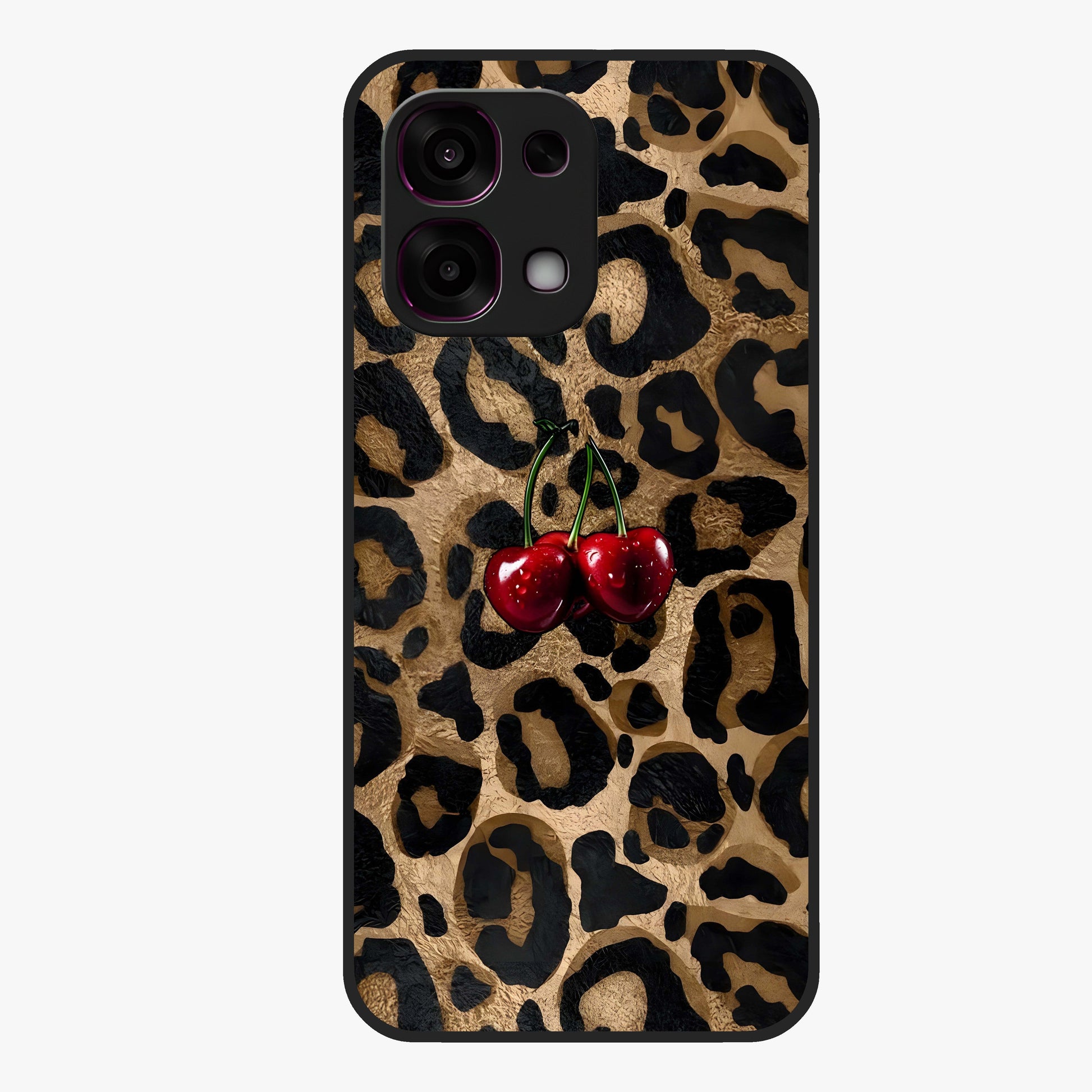 Leopard Wild Cherry Glass Case showing flat back view with leopard pattern and cherry artwork and glossy glass finish.