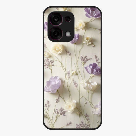 Lilac Breeze Harmony Glass Case showing flat back view with soft lilac themed artwork and glossy glass finish.