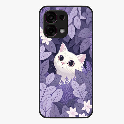 Lilac Hide Peek Cat Glass Case showing flat back view with cute peeking cat artwork and glossy glass finish.