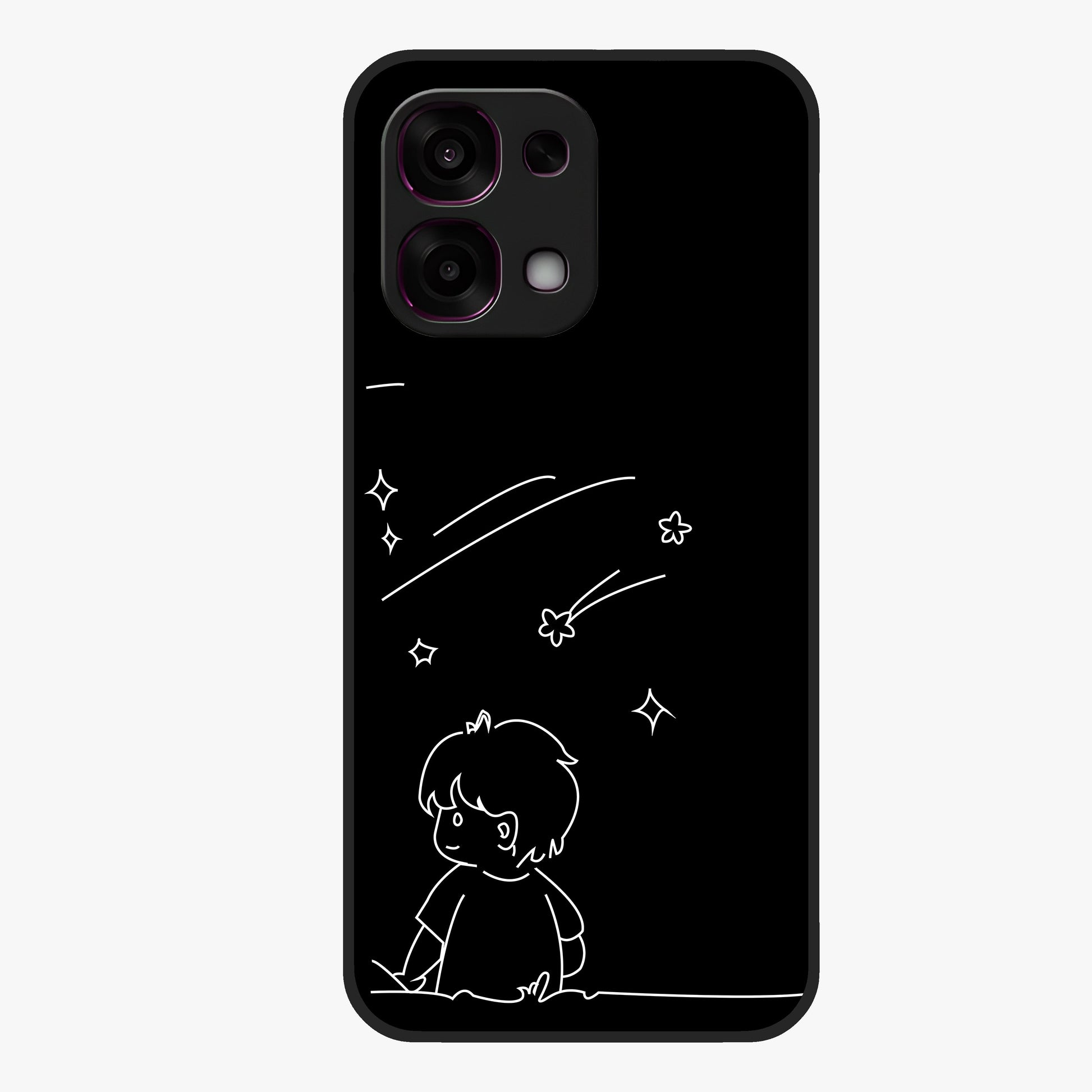 Line Art Boy With Shooting Stars Glass Case showing flat back view with minimal line art boy and shooting stars illustration and glossy glass finish.