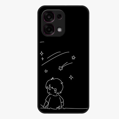 Line Art Boy With Shooting Stars Glass Case showing flat back view with minimal line art boy and shooting stars illustration and glossy glass finish.