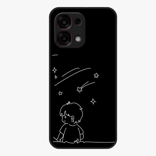 Line Art Boy With Shooting Stars Glass Case showing flat back view with minimal line art boy and shooting stars illustration and glossy glass finish.