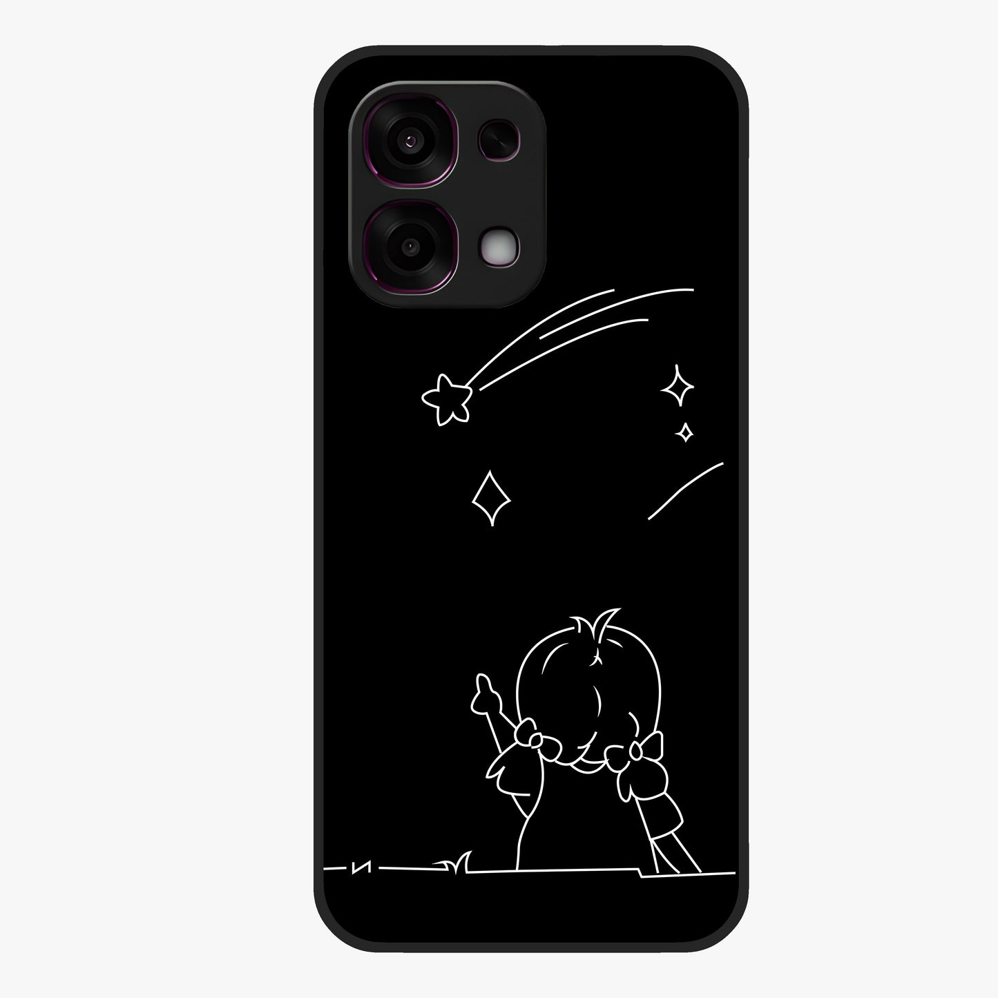 Line Art Girl With Shooting Stars Glass Case showing flat back view with minimal line art girl and shooting stars illustration and glossy glass finish.