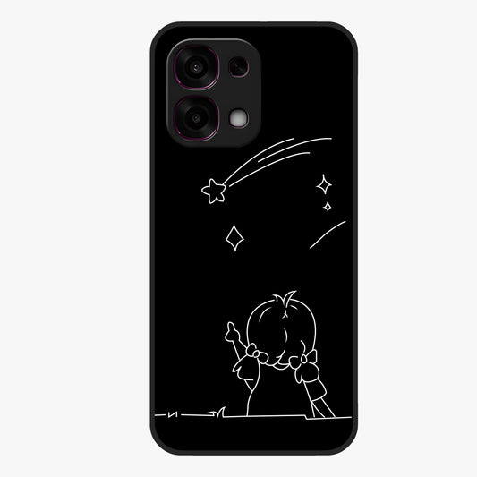 Line Art Girl With Shooting Stars Glass Case showing flat back view with minimal line art girl and shooting stars illustration and glossy glass finish.