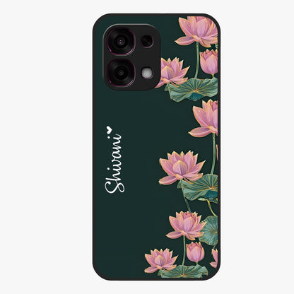 Lotus Bloom Serenity Custom Name Glass Case showing flat back view with elegant lotus flower artwork and personalized name design.