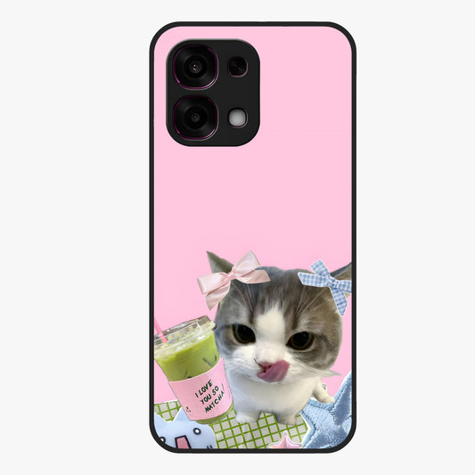 Love Matcha Cat Glass Case showing flat back view with cute cat and matcha themed artwork and glossy glass finish.
