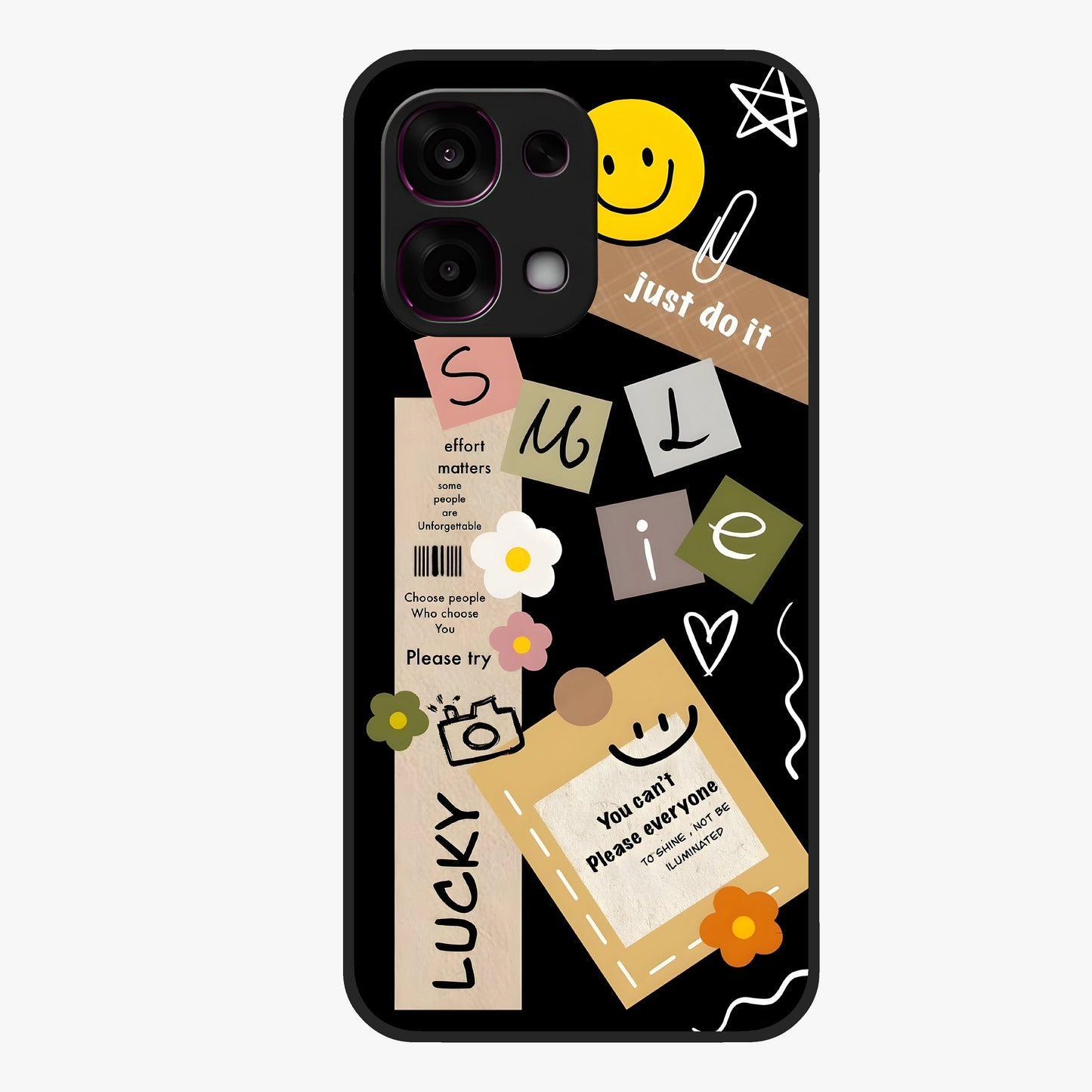 Lucky Aesthetic Collage Glass Case showing flat back view with trendy aesthetic collage artwork and glossy glass finish.