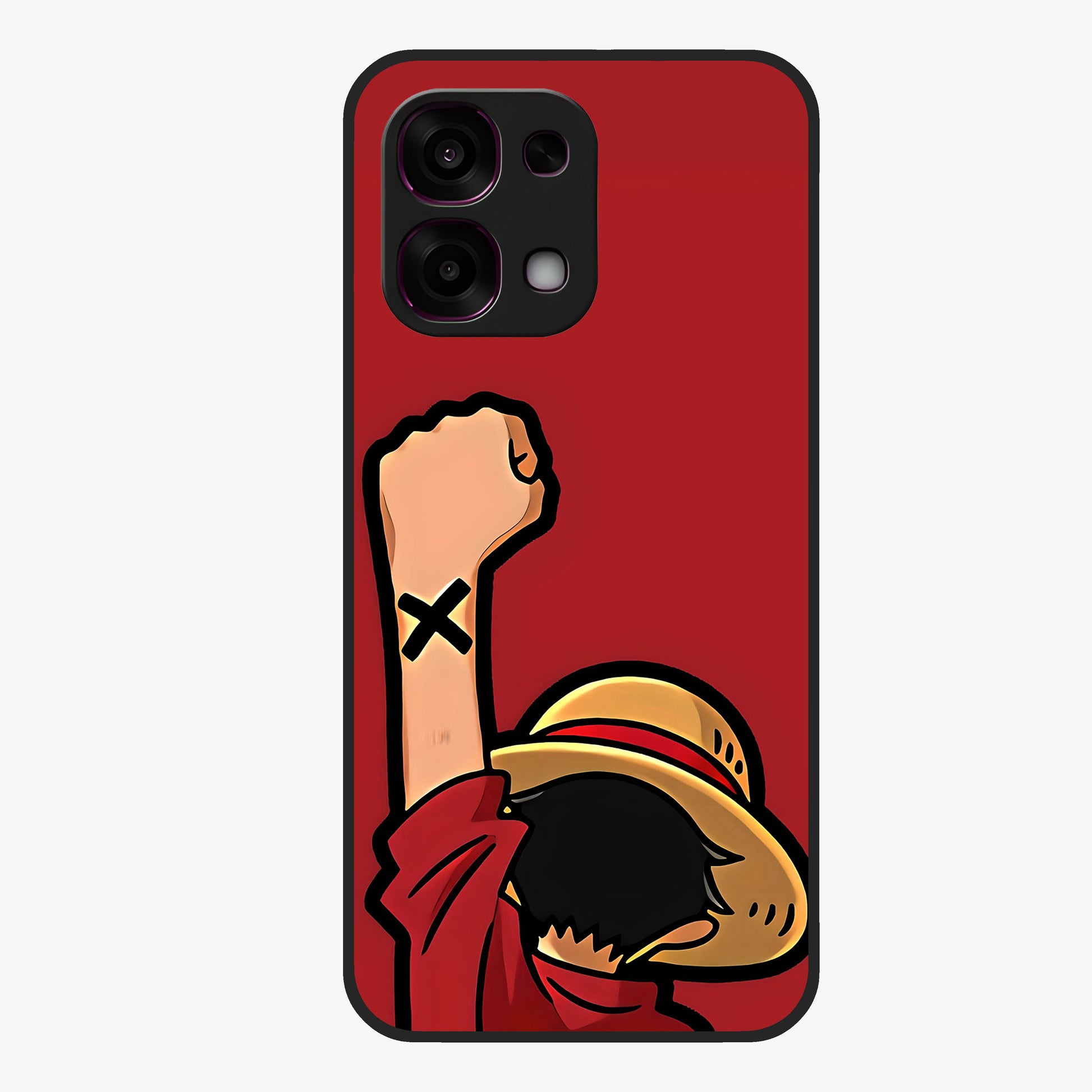 Luffy X Spirit Glass Case showing flat back view with bold anime character artwork and glossy glass finish.