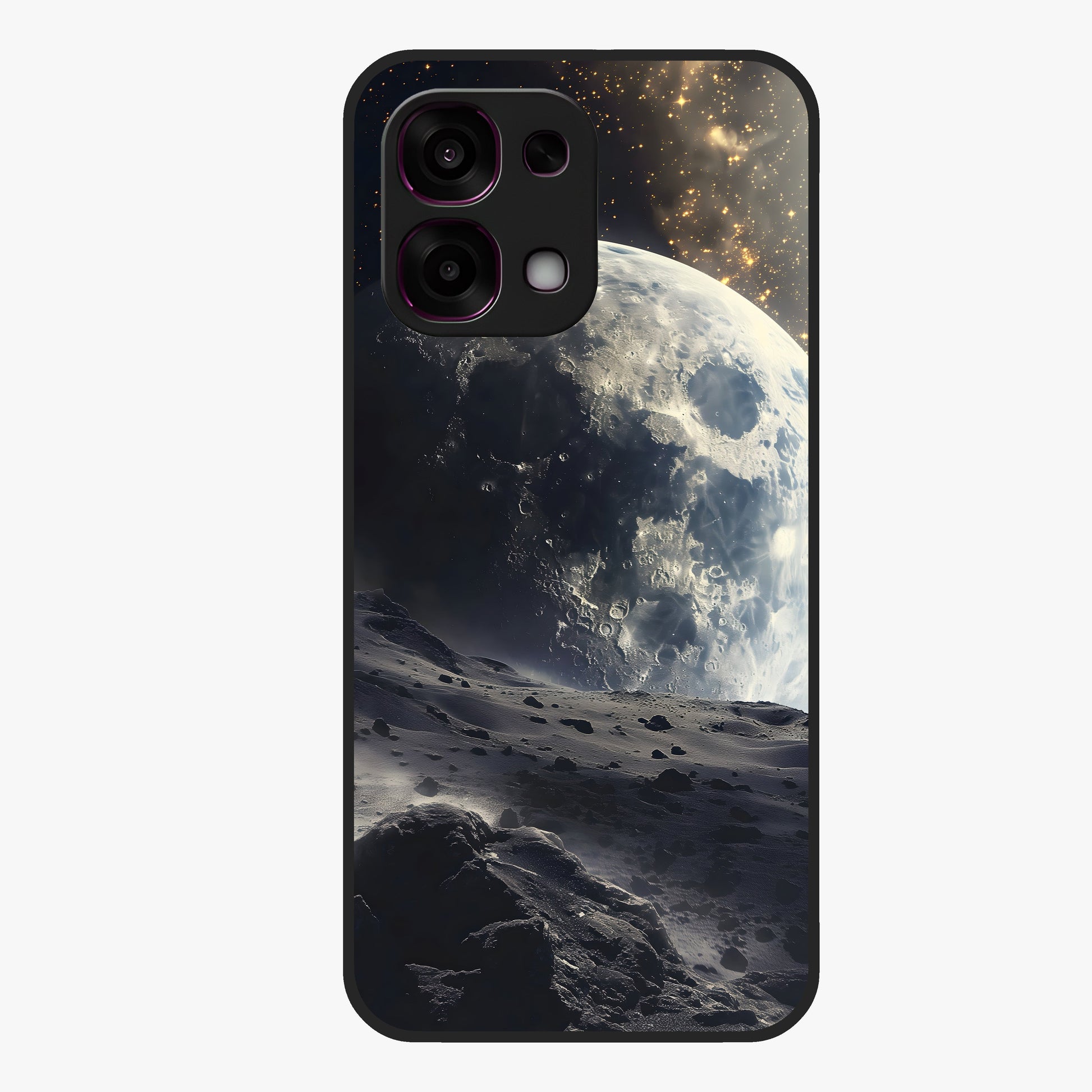 Lunar Horizon Glow Glass Case showing flat back view with glowing moon horizon artwork and glossy glass finish.