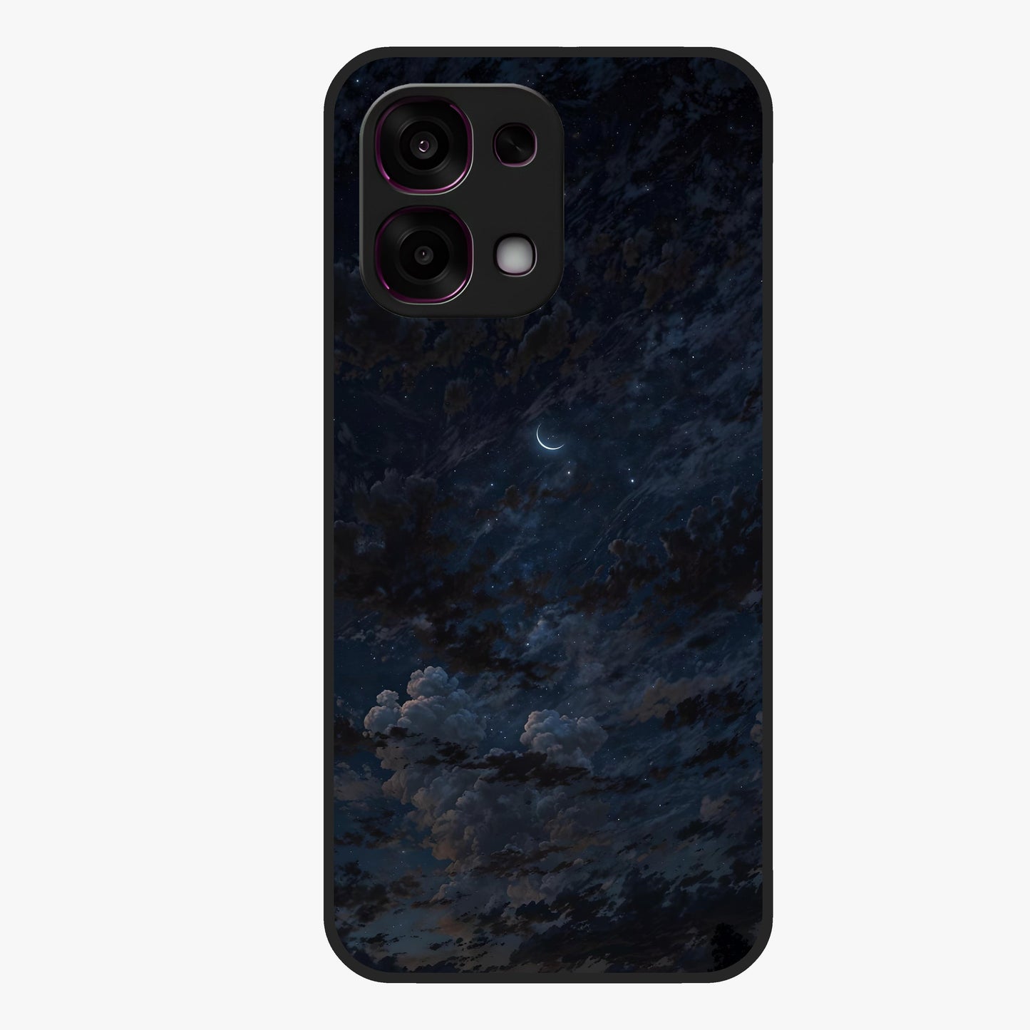 Lunar Veil Silence Glass Case showing flat back view with mystical moon veil artwork and glossy glass finish.